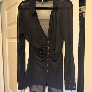 Free People Black Sheer Button-Down Shirt
